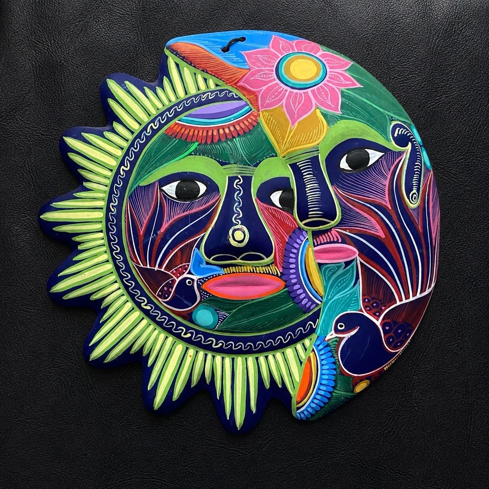 Vintage Tomas Gutierrez Mexican Folk Art Pottery Sun Moon Wall Hanging Clay Mask